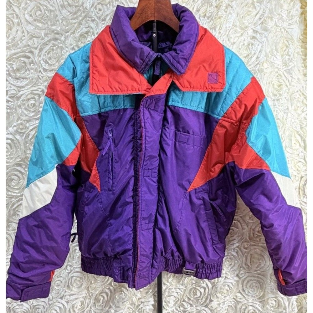 Vintage Hot Music Ski Jacket Colorblock Purple Teal Red Puffer Coat Size M Retro